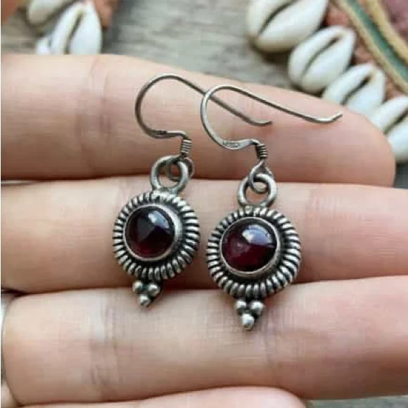Vintage Sterling Silver 925 Garnet Gemstone Dangle Earrings - Boho Striped - Picture 4 of 5